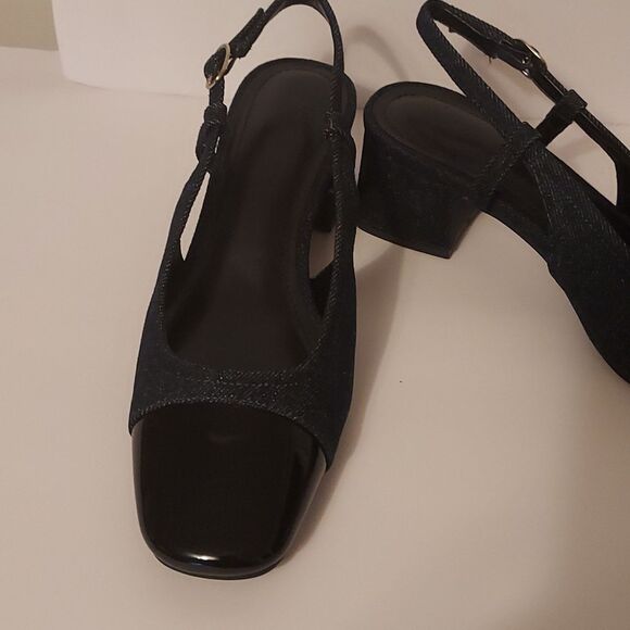 Spectator Pump Blue Denim and Black Patent Slingback block heel Size 7 - Picture 4 of 16